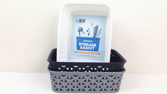Rectangle Plastic Storage Basket Wicker Pattern with Carry Holes BK0168